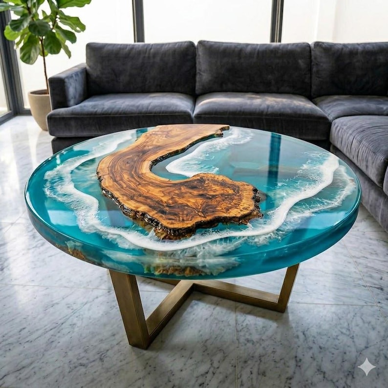 May include: Round coffee table with a unique design. The table features a wooden slab centerpiece surrounded by a blue resin ocean effect. The table is supported by a gold-colored metal base. The table is approximately 36 inches in diameter.