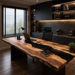 Op de afbeelding: Een groot bureau met een natuurlijk houten blad met boomstamranden en een centrale zwarte harsinleg, ondersteund door donkere rechthoekige poten. Een laptop, een zwart notitieboek en een kleine plant staan op het bureau in een werkkamer.