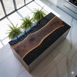 Handgjort Live Edge Walnut River-bord – Svart regndroppsepoxiharts