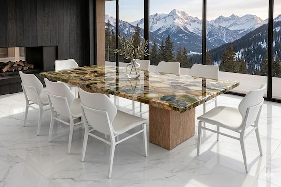 Luxury Agate Dining Table, Modern Stone Dining Table, Green Agate Table Top, Handmade Resin Dining Table, Large Conference Table Decor