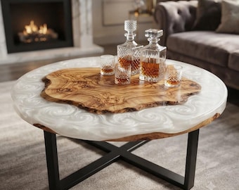 Mesa de centro de resina con remolinos blancos y madera de olivo, mesa auxiliar de madera con borde natural, mesa moderna de resina epoxi con base de patas en forma de X, sala de estar de lujo.