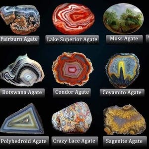 Może przedstawiać: Kolekcja r&oacute;żnych kamieni agatowych, każdy z unikalnymi wzorami i kolorami. Obraz przedstawia agaty Onyx, Fairburn, Lake Superior, Moss i Thunder-egg, między innymi. Każdy kamień jest oznaczony swoją nazwą.