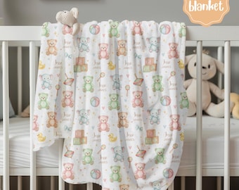 Manta personalizada con nombre para niño o niña, manta de bebé con osito de peluche personalizado, manta de felpa de terciopelo o sherpa, regalo de decoración para la habitación del bebé