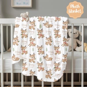 Custom Name Holiday Blanket, Personalized Reindeer Christmas Blanket, Plush Velveteen or Sherpa Fleece Throw, Winter Baby Gift, Xmas Decor