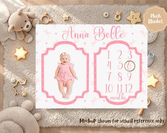 Manta Milestone para niña, manta con nombre personalizado, lazo rosa coquette, regalo para bebé recién nacido, manta para niña, regalo personalizado para baby shower