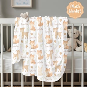 Custom Name Blanket for Boys or Girls, Personalized Woodland Animal Baby Blanket, Watercolor Throw, Baby Shower Gift, Nursery Decor