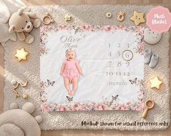 Manta Milestone para niña, manta con nombre personalizado, regalo vintage rosa para bebé, manta floral para niña, regalo personalizado para baby shower