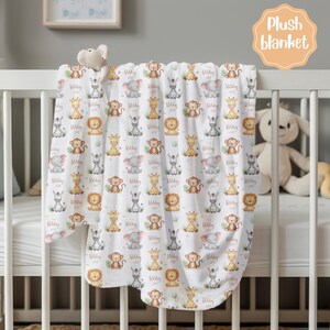 Custom Name Blanket for Boys or Girls, Personalized Safari Animal Baby Blanket, Velveteen or Sherpa Fleece Throw, Jungle Nursery Decor Gift
