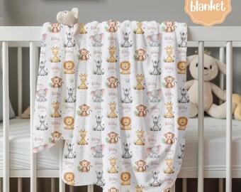 Manta personalizada con nombre para niño o niña, manta de bebé con diseño de animales de safari, manta de terciopelo o sherpa, decoración ideal para la habitación del bebé (ideal para decorar la habitación).