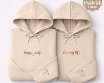 Matching Couples Hoodie Set, Custom Embroidered Sweatshirts, Happy Wife Happy Life Hoodies, Personalized Couple Gift, Anniversary Hoodie Set
