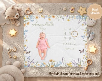 Manta Milestone para niña, manta con nombre personalizado, regalo de flores silvestres para bebé recién nacido, manta floral para niña, regalo personalizado para baby shower