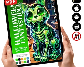 Libro da colorare misterioso di Halloween in PDF, Gatto verde spettrale da colorare con i numeri