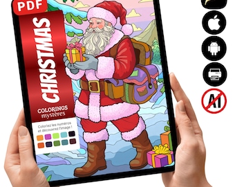 Peut inclure: Une page de livre de coloriage PDF numérique affichée sur une tablette représentant un Père Noël de dessin animé tenant un cadeau, avec une bannière rouge marquée CHRISTMAS COLORINGS mystères et un guide de palette de couleurs. Icônes incluses.