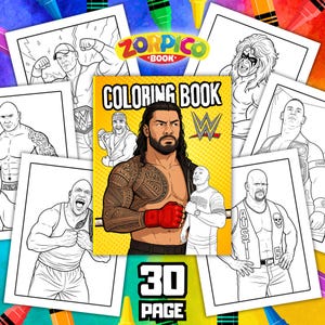Può includere: Un libro da colorare colorato con la scritta "COLORING BOOK" e il logo WWE. La copertina presenta un uomo muscoloso con un tatuaggio e guanti rossi. Diverse illustrazioni in bianco e nero di lottatori circondano il libro. Il libro è etichettato "30 PAGE".
