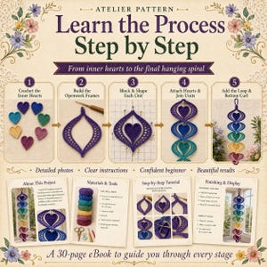 May include: A 30-page eBook titled Atelier Pattern Learn the Process Step by Step, featuring instructions for a hanging spiral ornament. It includes five numbered steps showing crocheted hearts, openwork frames, and assembly with colourful yarn.