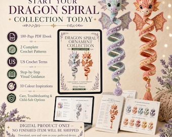 Peut inclure: Un ensemble de modèles de crochet numériques intitulé Dragon Spiral Ornament Collection comprenant un ebook PDF de 100 pages, deux modèles, des termes de crochet américains, des guides visuels et dix inspirations de couleurs, avec deux dragons en spirale.