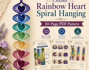 Peut inclure: Une suspension en spirale avec des cœurs arc-en-ciel au crochet et un patron PDF de 30 pages. La suspension présente une séquence verticale de cœurs violets, bleus, turquoise, verts, jaunes, roses et magenta avec des guides photo.