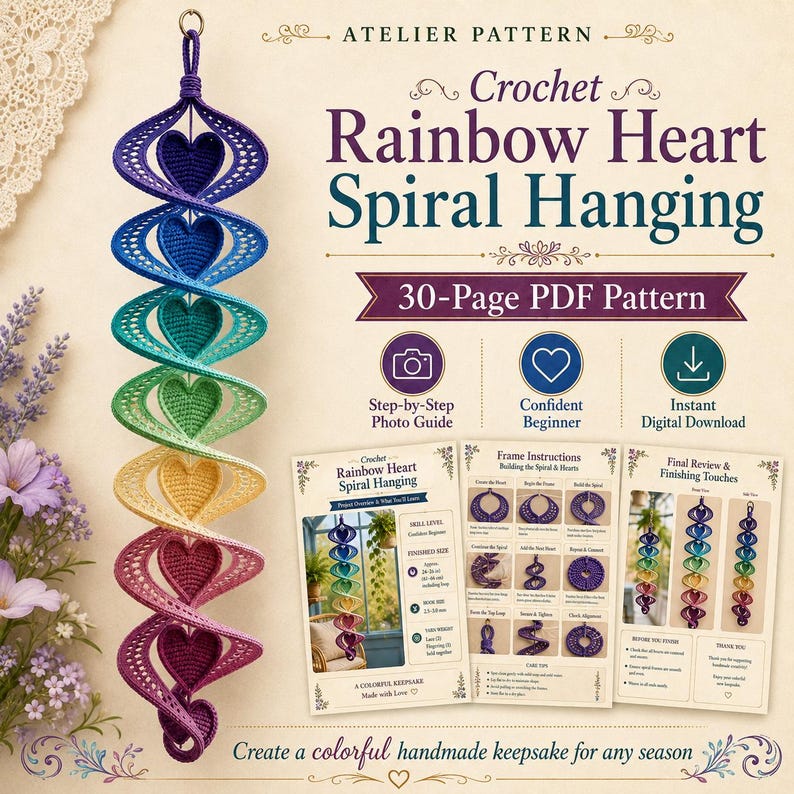 May include: A crochet rainbow heart spiral hanging with a 30-page PDF pattern. The hanging features a vertical sequence of hearts in purple, blue, teal, green, yellow, pink, and magenta. The document includes step-by-step photo guides.