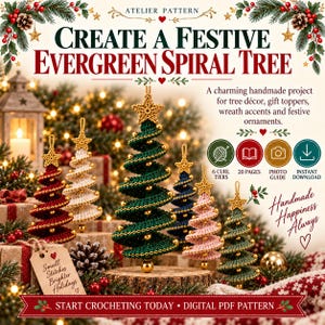 Puede incluir: Un patrón PDF digital para un adorno de árbol en espiral de ganchillo. La imagen muestra varios árboles terminados en rojo, blanco, verde, azul y rosa, cada uno coronado con una estrella dorada y decorado con cuentas doradas. El texto incluye "Create a Festive Evergreen Spiral Tree".