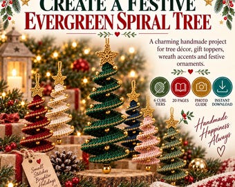 Peut inclure: Un patron PDF numérique pour un ornement de sapin en spirale au crochet. L'image montre plusieurs sapins finis en rouge, blanc, vert, bleu et rose, chacun surmonté d'une étoile dorée et décoré de perles dorées. Le texte inclut "Create a Festive Evergreen Spiral Tree".