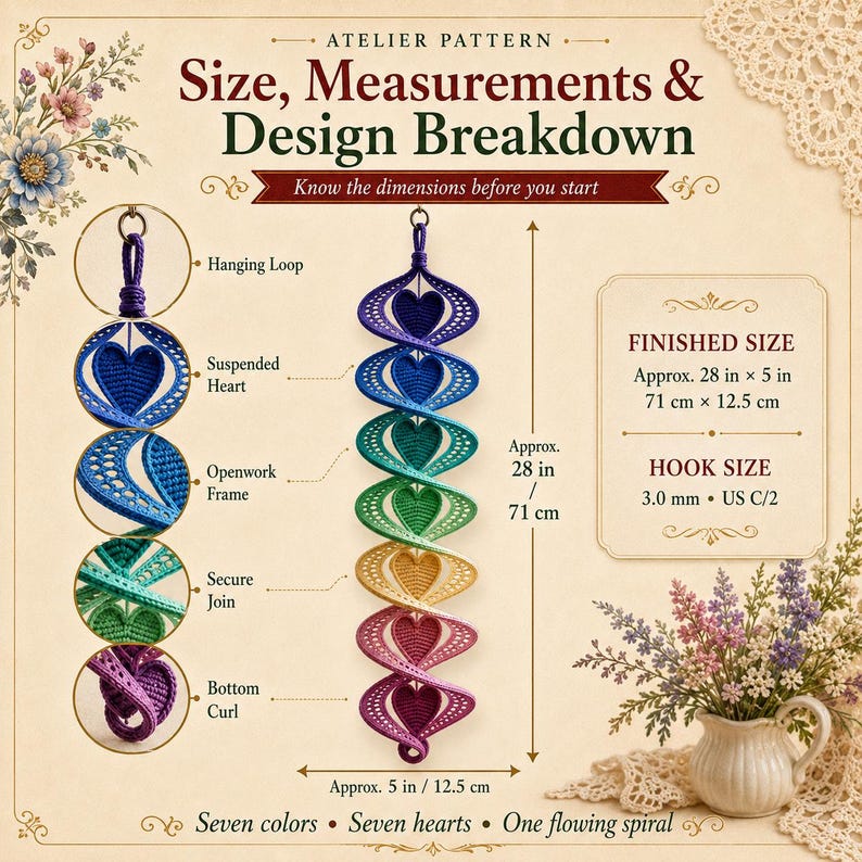 May include: An instructional pattern graphic titled Atelier Pattern Size, Measurements & Design Breakdown. It displays a vertical rainbow-coloured crochet spiral with seven hearts, measuring 71 cm by 12.5 cm, with a 3.0 mm hook size.