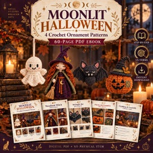 May include: A 60-page PDF ebook titled Moonlit Halloween featuring 4 crochet ornament patterns: a white ghost, a witch with red hair, a black bat, and an orange pumpkin. The digital guide includes step-by-step instructions and US terms.