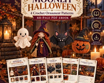 Peut inclure: Un ebook PDF de 60 pages intitulé Moonlit Halloween présentant 4 modèles de décorations au crochet : un fantôme blanc, une sorcière aux cheveux roux, une chauve-souris noire et une citrouille orange, avec des instructions étape par étape.