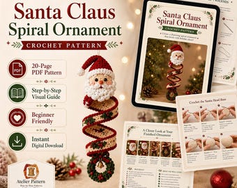 Peut inclure: Un modèle de crochet PDF de 20 pages pour un ornement en spirale Père Noël. Le document numérique comprend un guide visuel étape par étape, des instructions pour débutants et une fonction de téléchargement instantané avec un ornement fini.