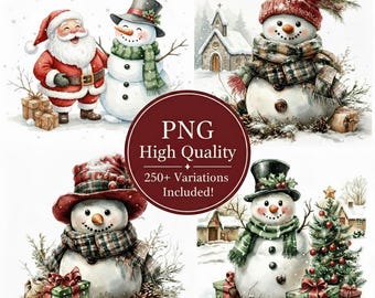 Peut inclure: Illustrations à l'aquarelle de bonhommes de neige et du Père Noël dans une scène hivernale. Les bonhommes de neige portent des chapeaux et des écharpes, avec des cadeaux et un arbre de Noël. Le texte "PNG High Quality 250+ Variations Included!"