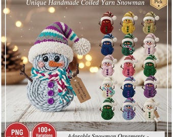 Peut inclure: Un bonhomme de neige fait à la main en fil de coton enroulé, avec un chapeau, une écharpe et des boutons colorés. L'image montre également plusieurs variantes du bonhomme de neige en différentes couleurs. Le texte indique "Unique Handmade Coiled Yarn Snowman".