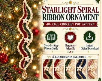 Peut inclure: Un patron de crochet PDF de 40 pages pour une décoration Starlight Spiral Ribbon. Le motif présente un ruban ondulé multicolore avec de petites étoiles blanches et une goutte en cristal transparent. Inclut un guide photo et cinq coloris.