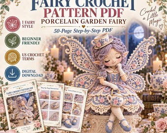 Peut inclure: Un patron de crochet numérique PDF intitulé Fairy Crochet Pattern PDF Porcelain Garden Fairy. Le document contient un guide étape par étape de 50 pages pour une poupée aux cheveux violets, ailes en dentelle et robe fleurie, avec icônes.
