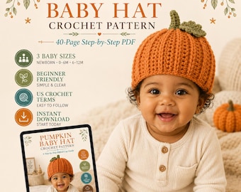 Peut inclure: Un modèle de crochet pour un bonnet de bébé citrouille, présenté sous forme de PDF de 40 pages. Le document contient le texte PUMPKIN BABY HAT CROCHET PATTERN, 3 BABY SIZES, BEGINNER FRIENDLY, US CROCHET TERMS et INSTANT DOWNLOAD. Un bébé porte le bonnet.