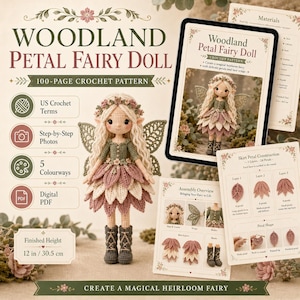 Può includere: Una bambola fata all'uncinetto Woodland Petal con lunghi capelli biondi, corona di fiori, corpetto verde e gonna a petali stratificati nei toni del rosa e crema. La bambola indossa stivali stringati grigio scuro e ali. Altezza indicata 30,5 cm.