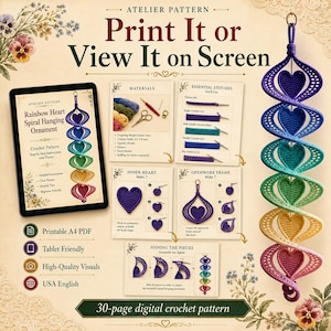May include: A 30-page digital crochet pattern for a Rainbow Heart Spiral Hanging Ornament. The document includes materials lists, essential stitches, and step-by-step instructions for creating the colourful, heart-shaped spiral decoration.