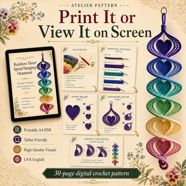 May include: A 30-page digital crochet pattern for a Rainbow Heart Spiral Hanging Ornament. The document includes materials lists, essential stitches, and step-by-step instructions for creating the colourful, heart-shaped spiral decoration.