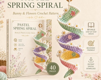 Peut inclure: Un modèle de crochet numérique intitulé Pastel Spring Spiral Bunny & Flowers comprenant un ebook de 40 pages. L'image montre une décoration suspendue en spirale aux tons pastel vert, violet, jaune et rose, ornée de petites fleurs blanches et roses.