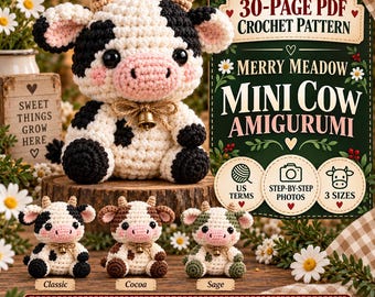 Peut inclure: Un modèle de crochet PDF de 30 pages pour un amigurumi Mini Vache Merry Meadow. L'image montre une grande peluche de vache noire et blanche, et trois versions plus petites en couleurs classique, cacao et sauge, avec une clochette et un nœud.