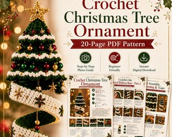 Peut inclure: Un modèle de crochet PDF de 20 pages pour une décoration de sapin de Noël. Le design présente un sapin vert foncé avec des bordures blanches, des petites boules rouges et dorées, et une étoile dorée. Une base en spirale blanche est incluse.