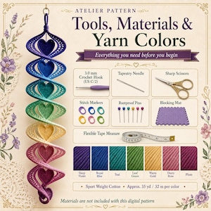 May include: A crochet pattern guide titled Atelier Pattern Tools, Materials & Yarn Colors. It features a vertical rainbow-coloured spiral heart ornament, a 3.0 mm crochet hook, tapestry needle, scissors, stitch markers, pins, a mat, and tape measure.