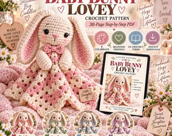 Peut inclure: Un modèle de crochet numérique de 30 pages pour un doudou lapin, présentant un lapin en peluche crème et rose avec de longues oreilles et un nœud papillon. Le document inclut des instructions pour quatre coloris et des termes de crochet US.