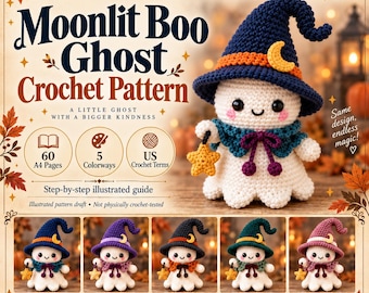 Peut inclure: Un modèle de crochet numérique pour un fantôme Moonlit Boo, représentant un personnage blanc portant un chapeau de sorcière bleu foncé avec un croissant de lune jaune. Le guide comprend 60 pages A4, 5 coloris et des termes de crochet US.