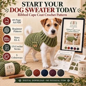 May include: A digital crochet pattern for a ribbed dog cape coat featuring a Jack Russell Terrier wearing the green sweater. The set includes a 40-page A4 PDF, beginner instructions, sizes XS-L, US crochet terms, and five color options.