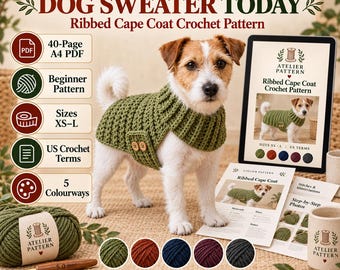 Peut inclure: Un modèle de crochet numérique pour un manteau cape côtelé pour chien, illustré par un Jack Russell Terrier portant le pull vert. L'ensemble comprend un PDF A4 de 40 pages, des instructions pour débutants, des tailles XS-L et cinq coloris.