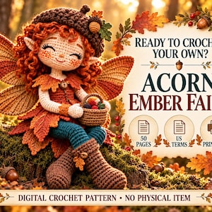May include: A crochet pattern for an Acorn Ember Fairy, featuring a doll with red hair, wings, and a basket. The text reads: READY TO CROCHET YOUR OWN? ACORN EMBER FAIRY, 50 PAGES, US TERMS, A4 PRINTABLE, DIGITAL CROCHET PATTERN, NO PHYSICAL ITEM.
