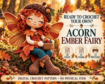 Peut inclure: Un modèle de crochet pour une fée Acorn Ember, avec une poupée aux cheveux roux, des ailes et un panier. Le texte indique : READY TO CROCHET YOUR OWN? ACORN EMBER FAIRY, 50 PAGES, US TERMS, A4 PRINTABLE, DIGITAL CROCHET PATTERN, NO PHYSICAL ITEM.