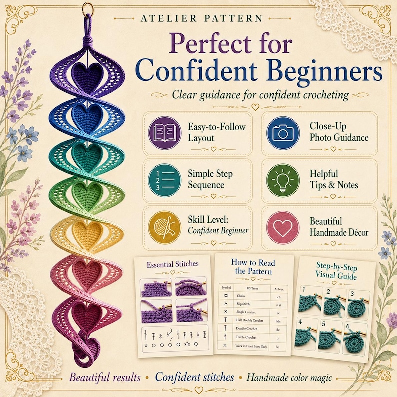May include: A crochet pattern document titled Atelier Pattern featuring a hanging spiral ornament with heart shapes in a rainbow gradient. The document includes text, icons, and visual guides for stitches, with sections for beginners.