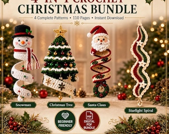 Peut inclure: Un ensemble de 4 modèles de crochet de Noël comprenant quatre décorations suspendues : un bonhomme de neige avec un chapeau noir, un sapin de Noël vert, un Père Noël et une spirale étoilée. Le texte indique 4-IN-1 CROCHET CHRISTMAS BUNDLE, 4 Complete Patterns, 110 Pages, Instant Download, Beginner Friendly, et Digital PDF Bundle.