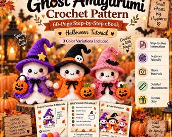 Peut inclure: Un eBook de 60 pages de modèles de crochet Ghost Amigurumi présentant trois variantes de fantômes blancs portant des chapeaux de sorcière et des capes colorés, tenant chacun une petite citrouille orange. Le PDF numérique inclut des instructions étape par étape, des tutoriels photo et un aperçu du projet avec une mesure de hauteur de 13 cm.
