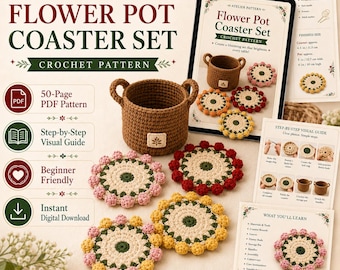 Peut inclure: Un modèle de crochet Flower Pot Coaster Set comprenant un panier en fil marron et plusieurs dessous de verre circulaires avec des centres crème, des anneaux vert foncé et des bords en pétales colorés. Inclut un PDF de 50 pages et des guides.